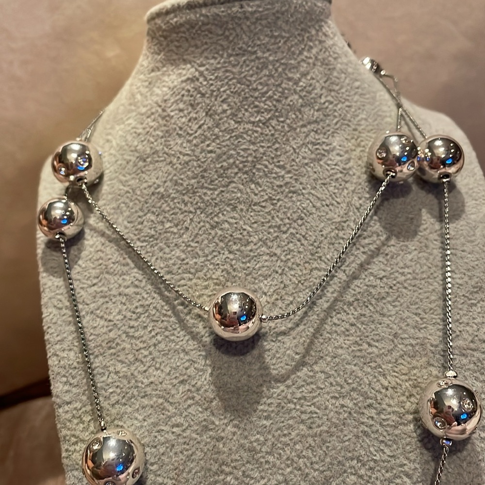 Sleek Round Silver Balls and Swarovski Crystal Balls station Necklace 30-32”